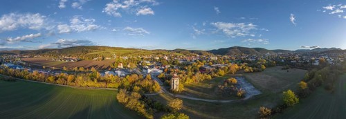 Aerial view of the water tower and villages of Pottenstein and Berndorf