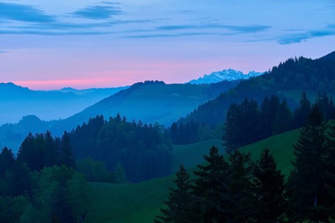View of wooded hills against snow-covered mountain peaks at dusk with blue-pink sky
