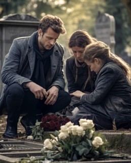 Family sits sadly at the gravestone