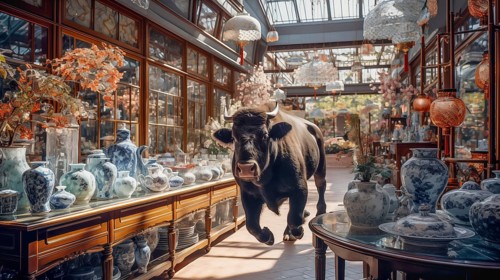 Very large bull with horns in a China shop filled with glassware. generative AI