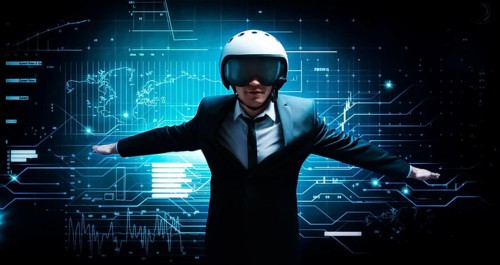 Portrait of a man in a suit and helmet. He shows that he is flying against the background of a futuristic hologram. Business concept. Internet technologies.