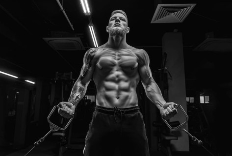 Portrait of an athlete pumping biceps in a crossover. Bodybuilding and fitness concept.