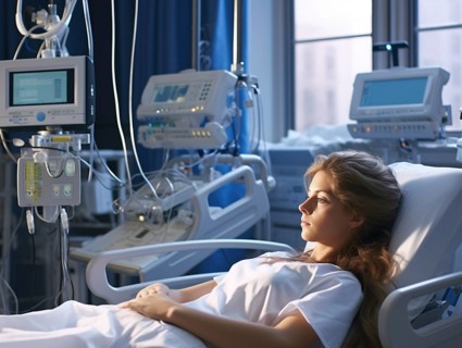 Woman in a hospital bed appears thoughtful amid a sophisticated setup of medical monitors