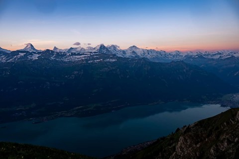 Lake Thun with Bernese peaks in the morning light