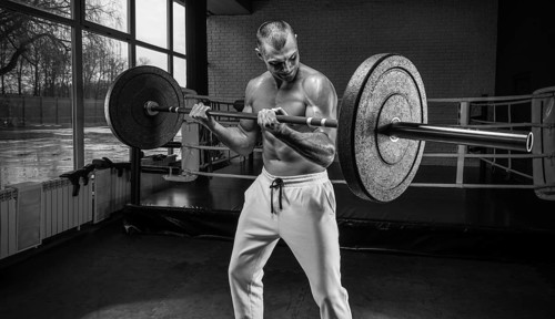 Handsome young man working out with a barbell in the gym. Biceps pumping. Fitness and bodybuilding concept.