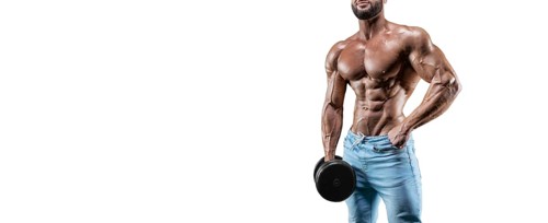 No name sexy muscular man in jeans posing on white background with dumbbell. Bodybuilding and fitness concept.