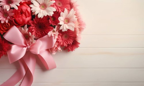 Elegant flower arrangement with red gerberas and a pink ribbon against a pastel backdrop AI generated
