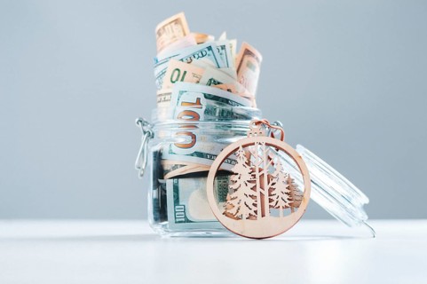 Glass piggy bank full of money. The concept of protecting the forest