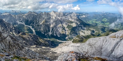 View of Wimbachgries valley and mountain panorama with rocky mountain peak of Hochkalter