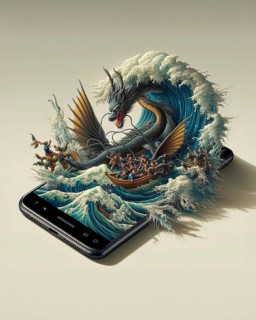 Surreal artwork of a chinese dragon emerging from waves in tsunami next to a vintage boat