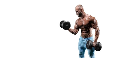The athlete performs an exercise in the gym with dumbbells on a white background. Fitness