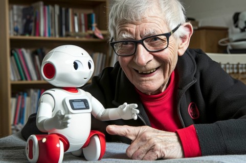 Old man having fun with a white artificial intelligence controlled care robot