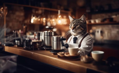Cat barista in a coffee shop in a barista uniform