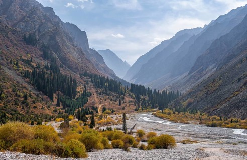 Mountain stream Ala Archa flows through the Ala Archa valley