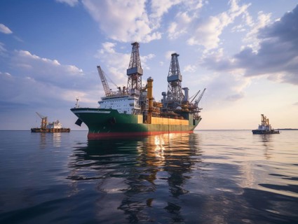 Golden sunset illuminates an offshore drilling ship with a calm surrounding sea