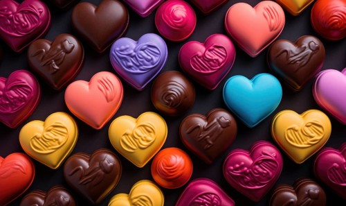 A colorful assortment of heart-shaped chocolates on a dark background AI generated
