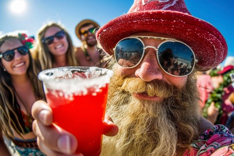 Man with long beard and sunglasses having fun with a drink at a summer party