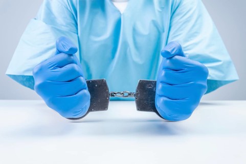 Hands of a doctor in handcuffs. The concept of corruption in medicine.
