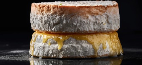 Delicious cake with cheese and honey sauce on grey background