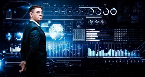 Confident man is standing in a business suit on the background of a stock exchange hologram. Stock broker and trader. Business investment.