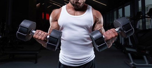 Portrait of a man in a white T-shirt exercising in the gym with dumbbells. Biceps pumping. Fitness and bodybuilding concept.