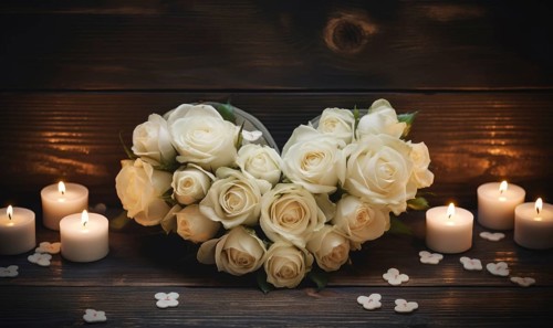 A romantic heart-shaped bouquet of white roses with candles on wood AI generated