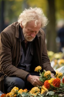 Man sitting sadly at gravestone