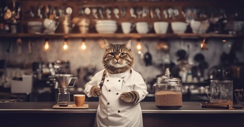 Cat barista in a coffee shop in a barista uniform