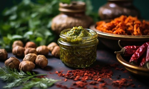 Homemade pesto sauce with ingredients on a wooden background. Selective focus AI generated