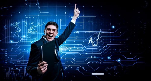 Stock broker rejoices in asset growth. The concept of brokerage and trading.