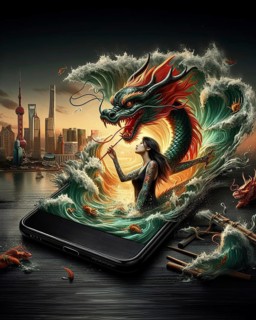 Surreal artwork of a chinese dragon emerging from waves with a tradtional tattooed asian woman