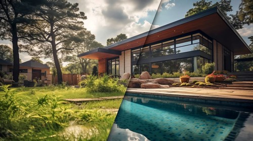 Before and after of an unattended mediocre back yard to A beautiful yard with a swimming pool. generative AI
