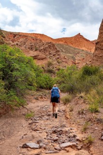 Climber in a canyon with a dry stream bed