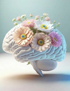 Blooming mind conceptual background. Human brain with flowers growing on it. Creative intellect surreal concept. AI generated art