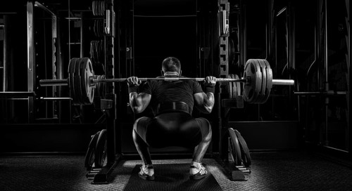 Professional athlete sits with a barbell on his shoulders and prepares to stand with her. View from the back
