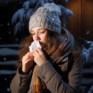 Sick female standing in a winter woodland