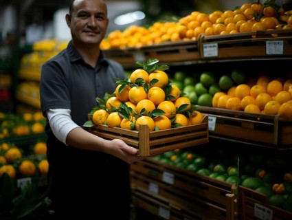 Smiling grocer presenting a basket of fresh oranges at the market