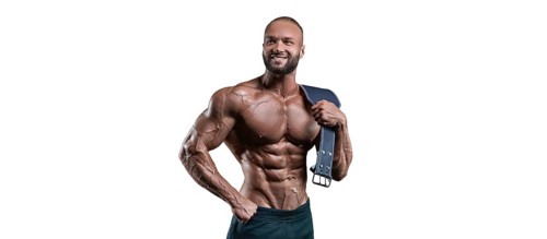 Athlete posing with an athletic belt on a white background. Fitness