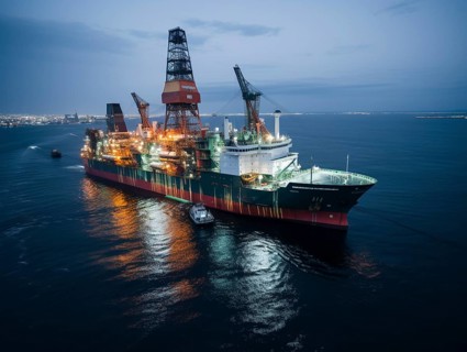 Offshore drilling ship in the evening with city lights in the far distance