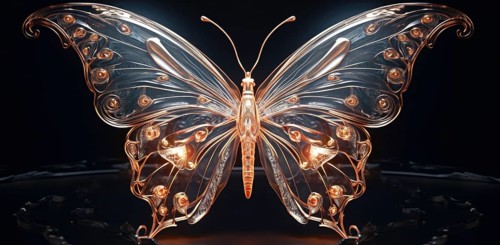 Stylized glass butterfly with glowing wings on a dark background AI generated