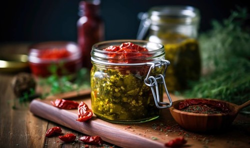Pesto sauce with fresh herbs and spices on dark background AI generated