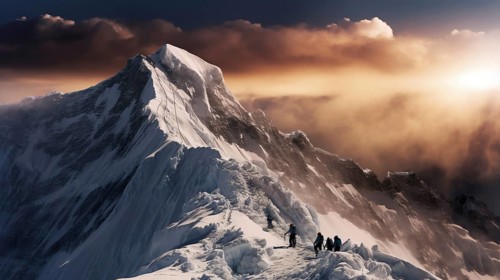 Five leashed mountaineers standing in heavy snow