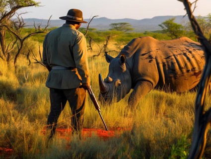 A man in hat with a rifle watching a rhinoceros in the savannah near trees