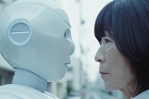 Elderly Asian woman sceptically encounters a white robot controlled by artificial intelligence