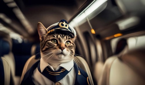 Cat pilot in an airplane pilot uniform on an airplane
