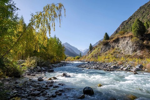 Mountain stream Ala Archa flows through the Ala Archa valley