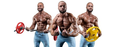 Set of three sexy muscular men. Posing on a white background with dumbbells and barbells. Bodybuilding and fitness concept.