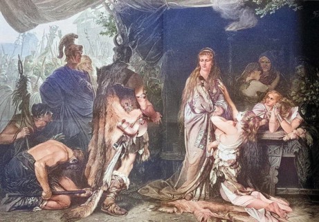 Tusnelda is handed over by her father Segest to the Roman general Germanicus
