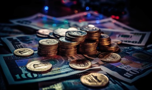 Coins stacked on paper currency with a dark blue ambiance symbolizing economy AI generated