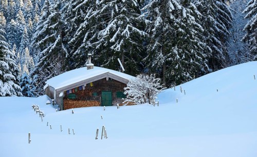 Alpine hut at Raineralm in winter